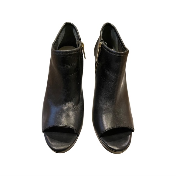 BCBGeneration Open Toe Wedge Heels, Black with gold accent zipper. - Picture 3 of 6